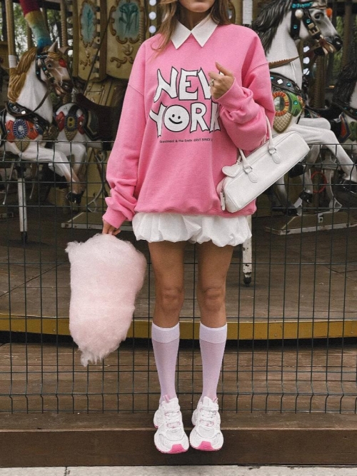 Women's American Retro Pullover Sweatshirt Loose Fit Cotton Blend Long Sleeve Round Neck NEW YORK Letter Print Pink Graphic Jumper Top Harajuku Streetwear