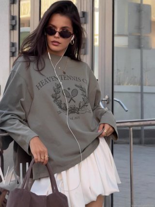 Women's Retro Heaven Tennis Club Print Sweatshirt 100% Cotton Loose Fit Crew Neck Long Sleeve Pullover American Streetwear Casual Top For Women