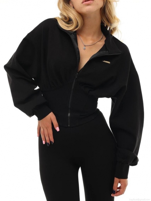 Women's Street Style Slim Fit Zipper Sweatshirt Long Sleeve Cotton Blend Waist Tightening Sporty Casual Jacket Top For Winter Autumn