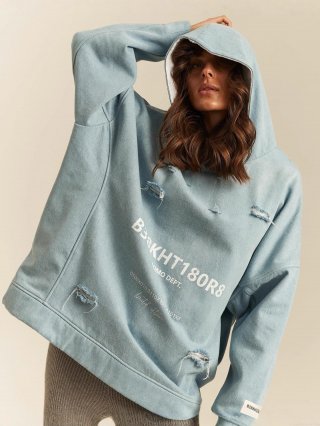 Women's American High Street Distressed Oversized Hoodie Light Blue Cotton Blend Letter Print Ripped Pullover Sweatshirt For Streetwear Fashion