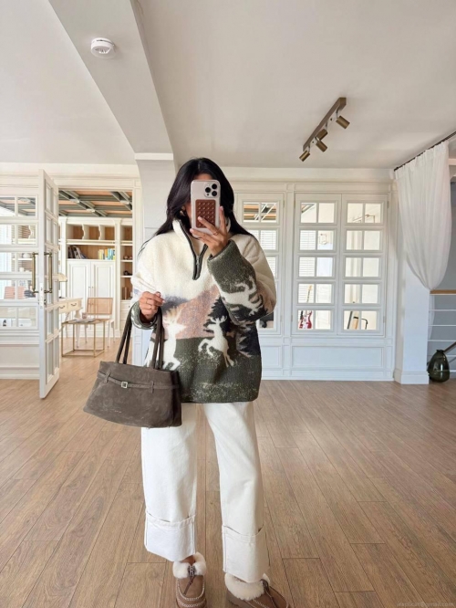 Women's Loose Half Zip Sweatshirt Cotton Blend Polar Fleece Forest Mountain Elk Print Long Sleeve Pullover Casual Winter Warm Top