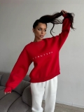Women Round Neck Pullover Sweatshirt 100% Cotton Letter Embroidery Loose Fit Long Sleeve Top Casual Streetwear Sweatshirt For Women Autumn Spring Red