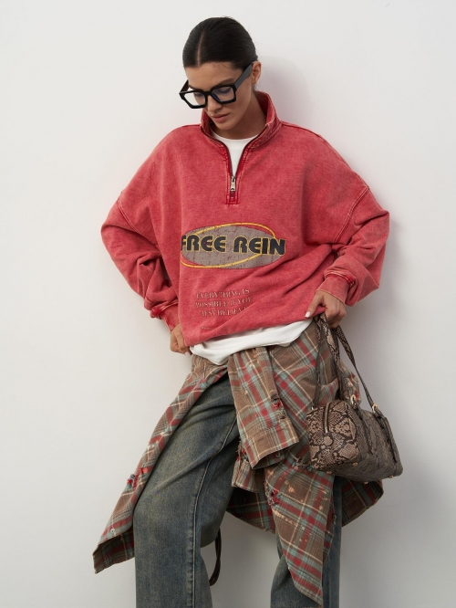 Women's Oversized Half Zip Sweatshirt 100% Cotton Washed Distressed American High Street Vintage Printed Long Sleeve Pullover Hoodie Top Casual Wear