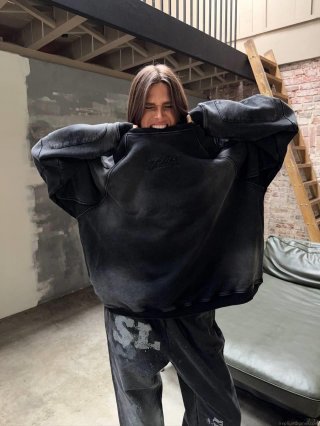 Women American High Street Vintage Washed Distressed Sweatshirt 100% Cotton Heavyweight Oversized Long Sleeve Letter Embroidery Crewneck Top Streetwear Retro Loose Pullover