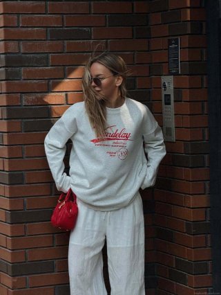 Women's 100% Cotton Gray Round Neck Sweatshirt Vandelay Industries Letter Print Loose Fit Long Sleeve Casual Streetwear Pullover Top