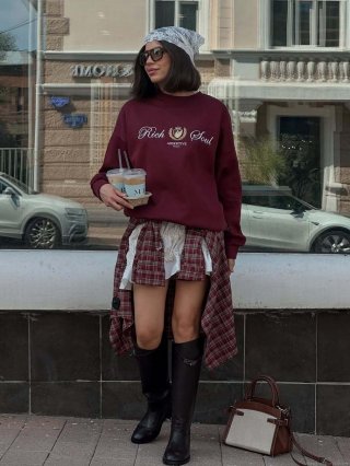 Women's Vintage Letter Embroidery Sweatshirt 100% Cotton Crewneck Pullover Loose Fit Drop Shoulder Long Sleeve Streetwear Top Autumn Winter