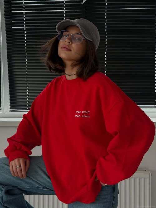 Women Red Oversized Sweatshirt 100% Cotton Letter Embroidery Crew Neck Long Sleeve Streetwear Pullover Casual Autumn Loose Fashionable Top For Women