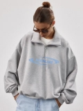 Women's 100% Cotton Half Zip Sweatshirt Loose Fit Letter Print Drop Shoulder Long Sleeve Pullover Casual Streetwear Sporty Top