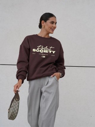 Women American Retro 100% Cotton Crewneck Sweatshirt Brown Oversized Long Sleeve Letter Print Pullover Top Boyfriend Style Jumper Winter