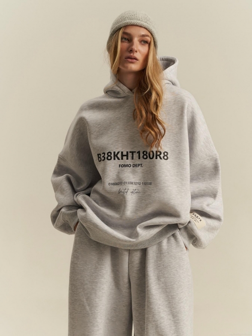 Women's Oversized Hooded Sweatshirt 100% Cotton Letter Print Long Sleeve Pullover Autumn Winter Streetwear Casual Loose Hoodie Jacket Gray