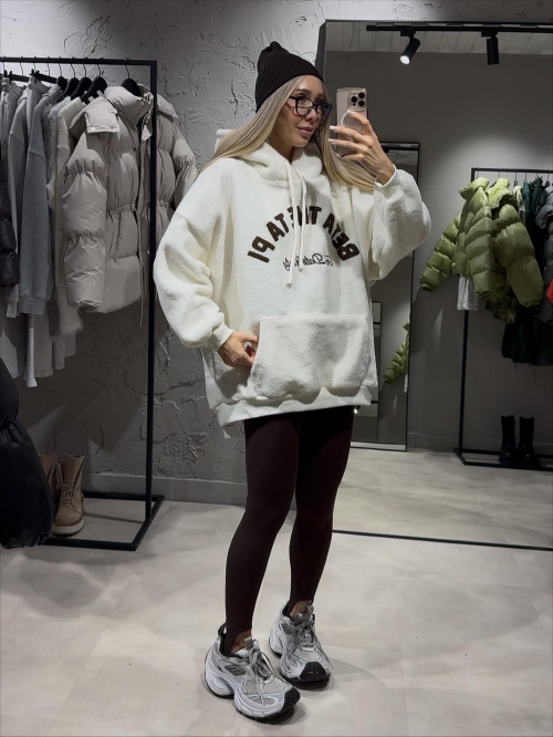 Women's Loose Polar Fleece Hooded Sweatshirt Letter Embroidery Long Sleeve Pullover Autumn Winter Warm Casual Streetwear Oversized Hoodie