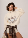Women's Retro Half Zip Sweatshirt 100% Cotton Letter Print Oversized Pullover Stand Collar Long Sleeve Loose Hoodie Streetwear Casual Winter Top
