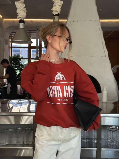 Women's Loose Cotton Sweatshirt Retro Letter Print Round Neck Long Sleeve Pullover Casual Fashion Streetwear Tops Aesthetic Spring Autumn Soft Jumper