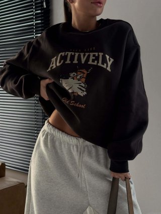 Women's Oversized Sweatshirt Cotton Blend Letter Print Retro Cartoon Round Neck Long Sleeve Pullover Contrast Color Casual Streetwear Fashionable Loose Top