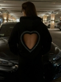 Women's Heart Cutout Rhinestone Hoodie Long Sleeve 100% Cotton Sweatshirt Loose Streetwear Fashion Pullover Top Black