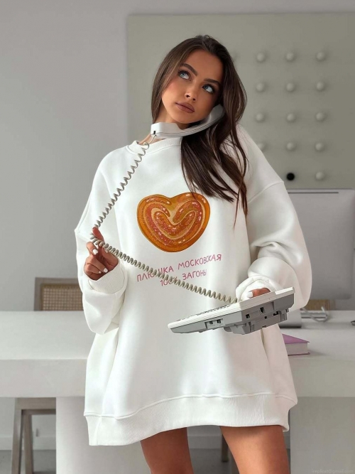 Women's Cotton Sweatshirt Heart Bread Russian Letter Print Oversized Pullover Long Sleeve Crew Neck Casual Loose Streetwear Fashion Top