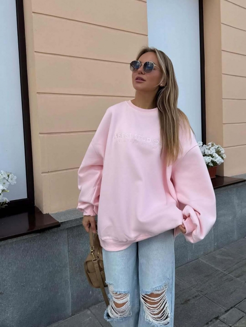 Women's Oversized Cotton Sweatshirt Casual Letter Embroidery Crew Neck Long Sleeve Pullover Autumn Streetwear Loose Fashion Pink Top