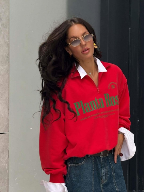 Women's Red Cotton Blend Half Zip Sweatshirt Loose Fit Long Sleeve Letter Print Pullover Streetwear Autumn Casual Fashion Top Planta Rosa