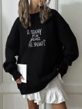 Women's Black Oversized Fleece Sweatshirt With Russian Quote Print Round Neck Long Sleeve Casual Streetwear Pullover Top For Autumn Winter