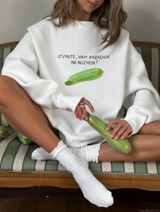 Women's Oversized White Fleece Lined Sweatshirt Cotton Blend Long Sleeve Crewneck Pullover Zucchini Graphic Print Casual Streetwear Autumn Top