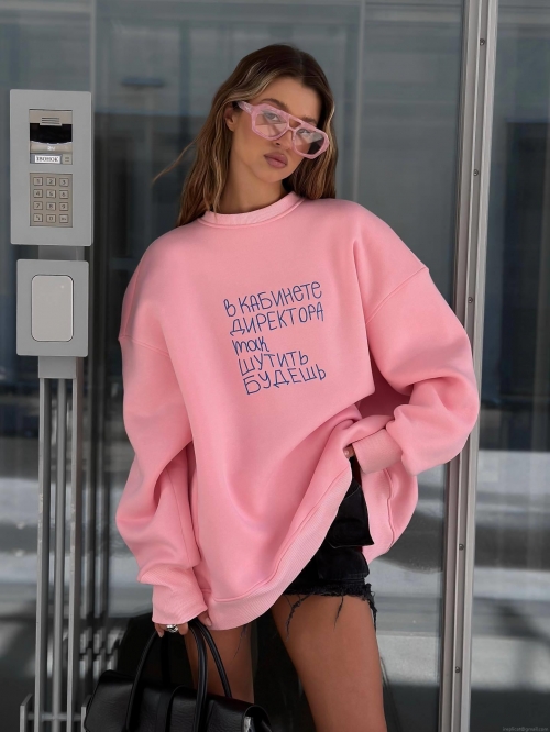 Women's Oversized Pink Sweatshirt Russian Letter Print Cotton Fleece Lined Pullover Round Neck Long Sleeve Casual Streetwear Top for Autumn Winter