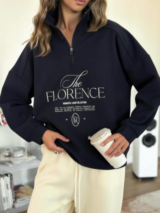 Women's Oversized Half Zip Sweatshirt Cotton Blend Lapel Long Sleeve Pullover With The FLORENCE Letter Print Streetwear Fall Winter Casual Loose Top