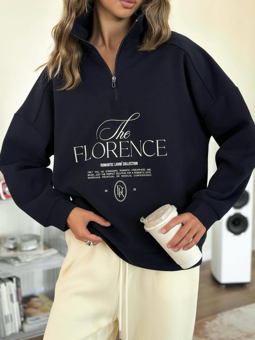 Women's Oversized Half Zip Sweatshirt Cotton Blend Lapel Long Sleeve Pullover With The FLORENCE Letter Print Streetwear Fall Winter Casual Loose Top