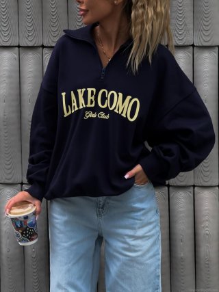 Women's Vintage Oversize Half-Zip Sweatshirt Cotton Blend Letter Printed Long Sleeve Pullover Tops Streetwear Deep Blue Casual Jumper