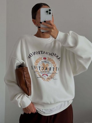 Women's Oversized Cotton Sweatshirt American Vintage Letter Print Round Neck Long Sleeve Pullover Casual Streetwear Top