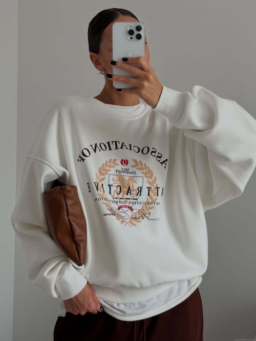 Women's Oversized Cotton Sweatshirt American Vintage Letter Print Round Neck Long Sleeve Pullover Casual Streetwear Top
