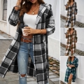 Women Casual Plaid Hooded Long Coat Button Down Polyester Blend Jacket With Pockets Autumn Winter Loose Fit Outerwear Warm Overcoat For Women