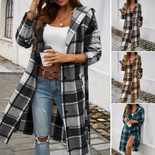 Women Casual Plaid Hooded Long Coat Button Down Polyester Blend Jacket With Pockets Autumn Winter Loose Fit Outerwear Warm Overcoat For Women