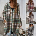 Women's Casual Plaid Hooded Long Coat Polyester Viscose Woven Zip-up Jacket Outerwear With Pockets Loose Fit Streetwear For Spring Autumn