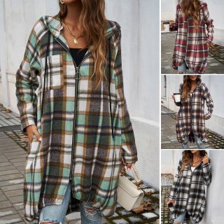 Women's Casual Plaid Hooded Long Coat Polyester Viscose Woven Zip-up Jacket Outerwear With Pockets Loose Fit Streetwear For Spring Autumn