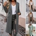 Women's Elegant Long Woolen Coat Polyester Lapel Single Breasted Overcoat for Autumn Winter Commuting Office Ladies Casual Outerwear with Pockets