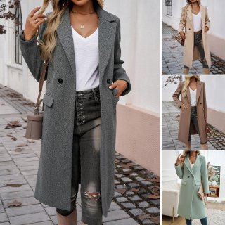 Women's Elegant Long Woolen Coat Polyester Lapel Single Breasted Overcoat for Autumn Winter Commuting Office Ladies Casual Outerwear with Pockets