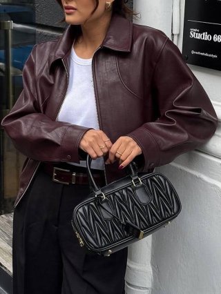 Women's Faux Leather Jacket Casual Long Sleeve Zipper Lapel Outerwear Streetwear PU Leather Coat Fall Winter Solid Color For Women