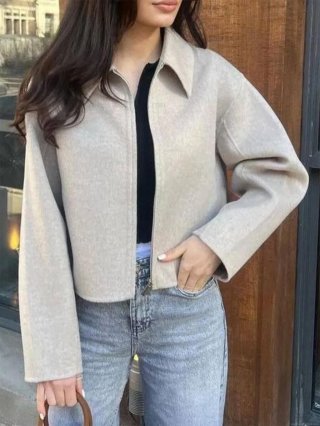 Women's Casual Woolen Like Jacket Coat Long Sleeve Zipper Up Lapel Collar Solid Color Loose Fit Outwear For Autumn Winter Streetwear Daily