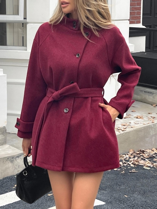 Women Elegant Stand Collar Belted Woolen Coat Autumn Winter Thick Long Sleeve Single Breasted Mid-length Polyester Viscose Blend Overcoat For Casual Office Lady