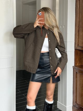 Women Casual Long Sleeve Stand Collar Snap Button Jacket Loose Fit Polyester Viscose Blend Coat For Autumn Winter Vacation Street Style