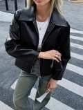 Women's Faux Leather Jacket 50% PU 50% Polyester Long Sleeve Turndown Collar Zipper Up Moto Biker Coat Solid Color Casual Streetwear Outerwear For Ladies