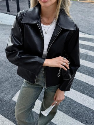 Women's Faux Leather Jacket 50% PU 50% Polyester Long Sleeve Turndown Collar Zipper Up Moto Biker Coat Solid Color Casual Streetwear Outerwear For Ladies
