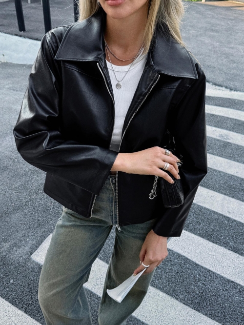 Women's Faux Leather Jacket 50% PU 50% Polyester Long Sleeve Turndown Collar Zipper Up Moto Biker Coat Solid Color Casual Streetwear Outerwear For Ladies