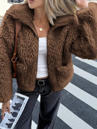 Women Faux Fur Jacket Elegant Solid Color Plush Long Sleeve Zipper Coat Fall Winter Warm Short Jacket For Ladies Casual Commute Outwear