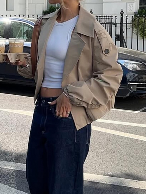 Women's Casual Khaki Short Trench Jacket Coat With Lapel Double Breasted Buttons 100% Polyester Loose Fit Windbreaker For Vacation Autumn Winter
