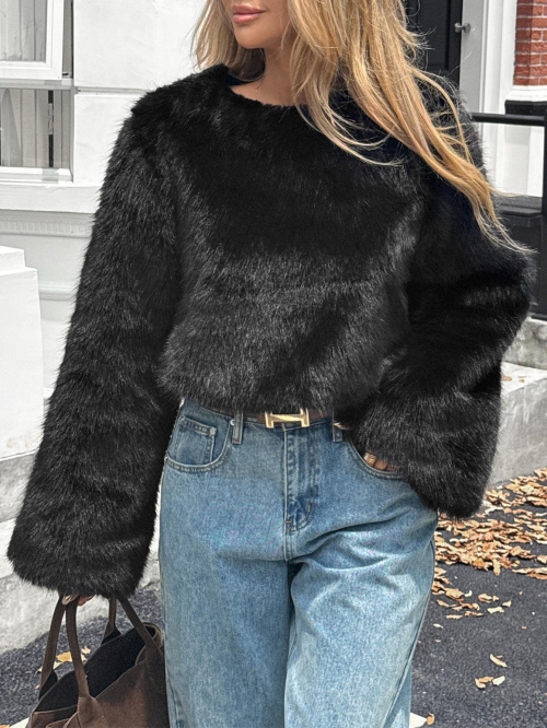 Women Elegant Faux Fur Coat Luxury Short Plush Jacket Solid Color Long Sleeve Turn-Down Collar Warm Loose Outerwear For Autumn Winter Casual Streetwear Ladies Fashion Coats