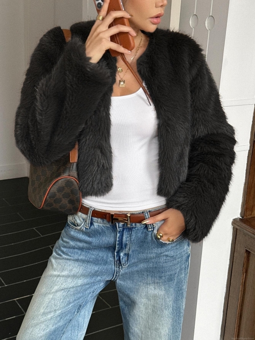 Women's Faux Fur Coat Casual Soft Plush Jacket Short Solid Color Outerwear For Autumn Winter Commute Fashion Lady Soft Warm Coat