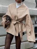 Women's Elegant Mid-Length Tie-Waist Coat Polyester Woolen-Like Long Sleeve V-Neck Jacket For Autumn Winter Office Daily Lady Outerwear