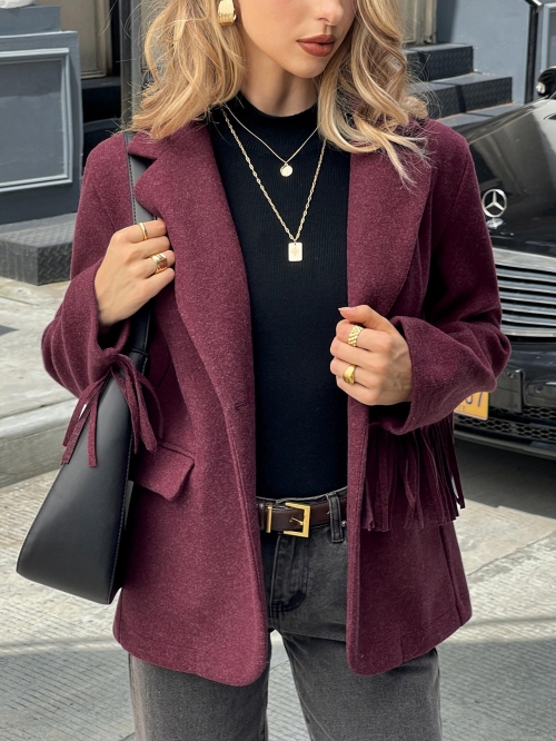 Elegant Women Fringe Tassel Jacket Coat Long Sleeve Lapel Open Front Mid-Length Woven Polyester Viscose Solid Color Casual Retro Outerwear for Autumn Winter