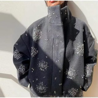 Women Vintage Sequin Snowflake Embroidery Jacket Wool Blend Stand Collar Loose Outerwear Single Breasted Short Coat For Christmas Party Streetwear